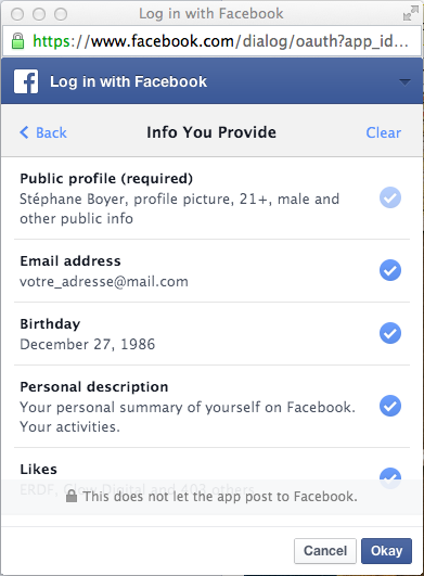 Facebook Login avec choix des informations communiquées