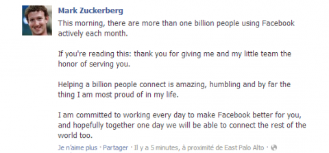 Zuckerberg annonce le milliard d'utilisateurs