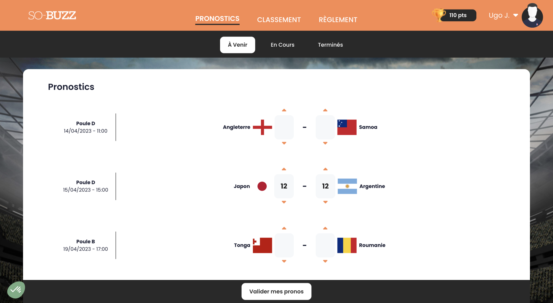 Page des matchs à venir de la plateforme de Pronostics