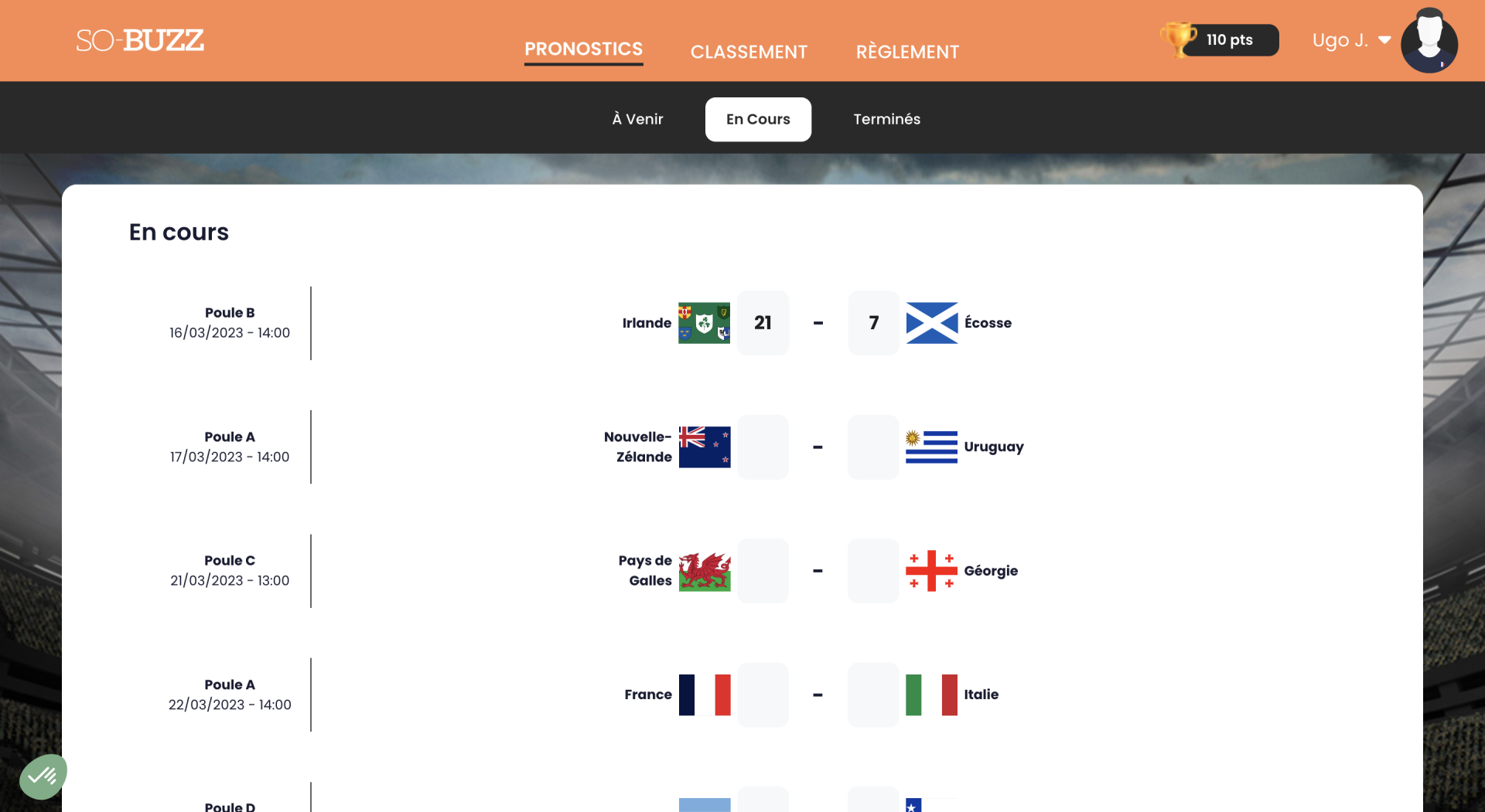 Page des matchs en cours de la plateforme de Pronostics